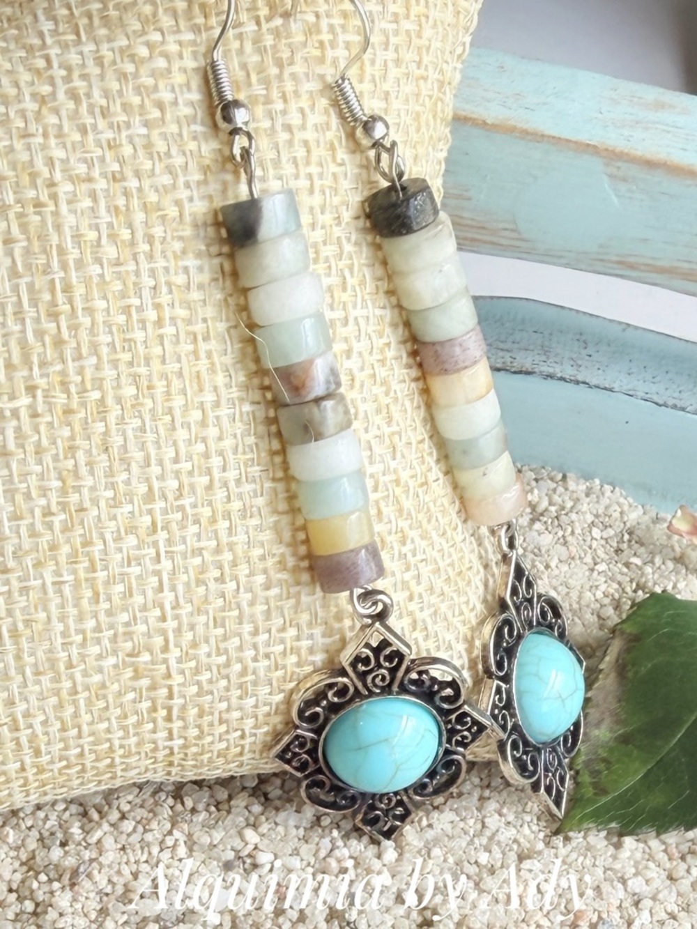 BIG TURQUOISE SUN + AMAZONITE DUSTER dangle earrings - Picture 6 of 6